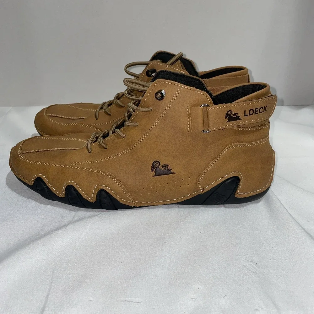 LDECK Mens Tan Brown Casual Ankle Boots Lace Up Mid Top Sneakers Size 40